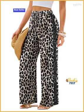 Wide Leg Palazzo Pants Lace Side Drawstring Waist Pockets Flowy Summer